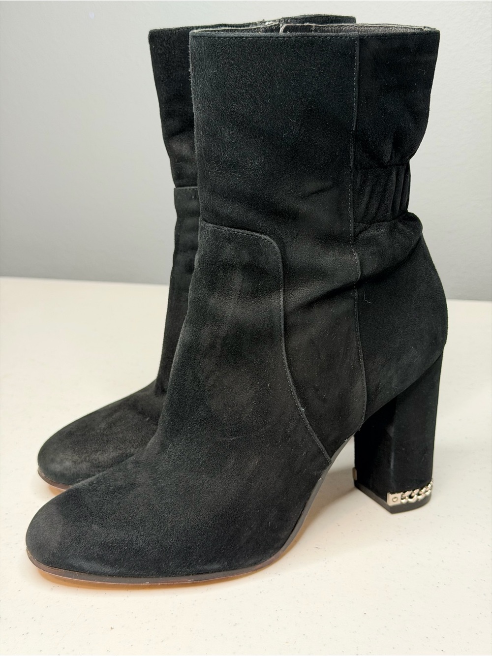 MICHAEL Michael Kors Dolores Black Suede Chain Accent Block Heel Boots 7